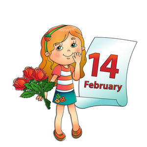 2 月 14 日。与日历玫瑰花束的女孩