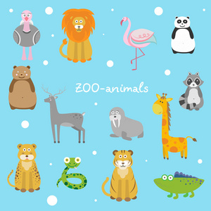 可爱的动物园动物，平面设计的插图
