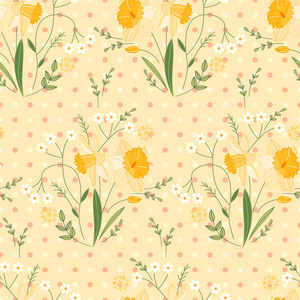 无缝图案与风格可爱的黄色水仙花。 永无止境