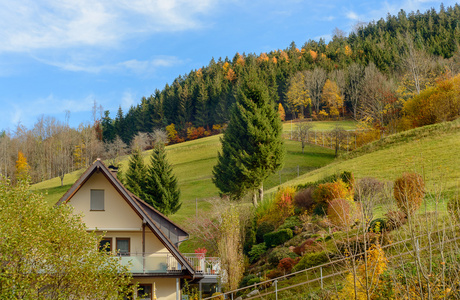 秋天农村的风景与木农舍在绿色的小山和山在背景, 德国