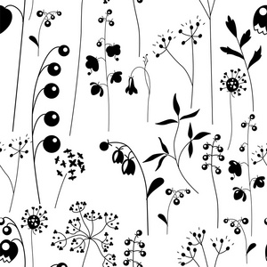 与程式化的草药和植物的无缝模式。黑色和白色的轮廓。无休止的纹理，为您设计 浪漫的贺卡 公告 织物