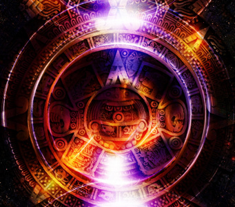 古代玛雅人的日历，抽象颜色背景，计算机拼贴