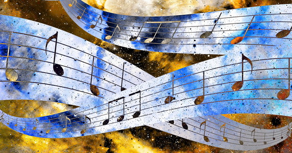 音乐音符和空间和带有抽象颜色背景的星星。