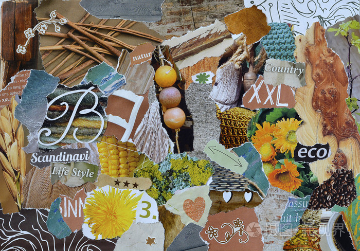 情绪板,拼贴的气氛表与自然要素在黄色, 棕色, 蓝色和绿色的颜色