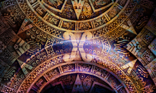 古代玛雅人的日历，抽象颜色背景，计算机拼贴