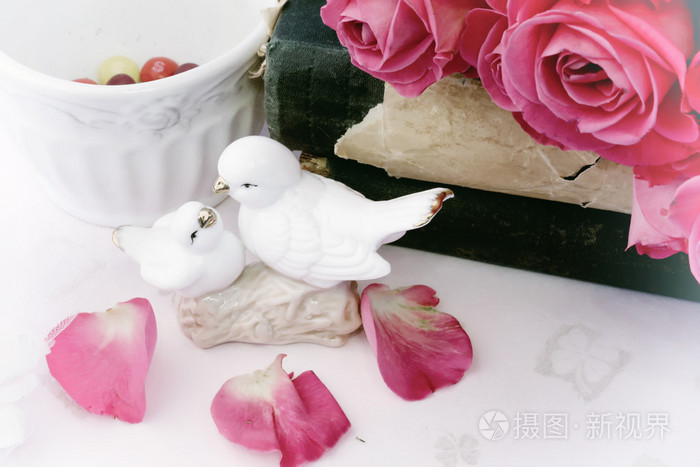 爱在接吻鸽子玫瑰复古书情人节婚礼破旧别致的复古风格俑背景