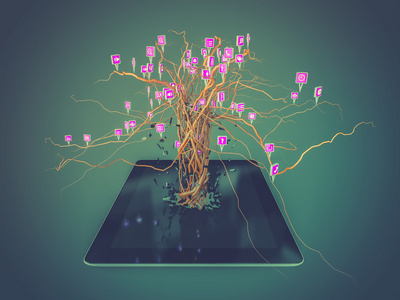 在现代的黑色 tablet pc 上树形状中设置的社交媒体图标
