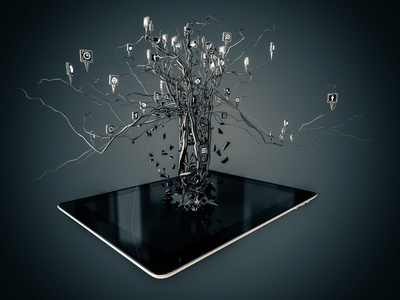 在现代的黑色 tablet pc 上树形状中设置的社交媒体图标