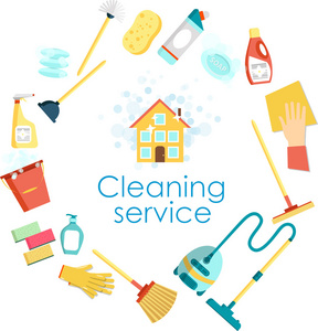 清洁服务概念。平面向量集的清洁工具和家庭用品。最小的矢量图形的 web 站点 海报 横幅 传单或打印