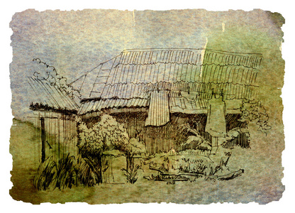 夏季的村庄 绘图 草图