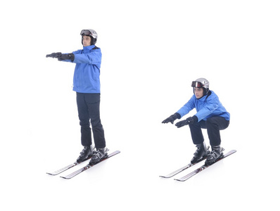 滑雪展示滑雪运动热身。蹲坐在雪橇上