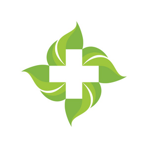 医学十字和绿叶矢量标志概念插图照片