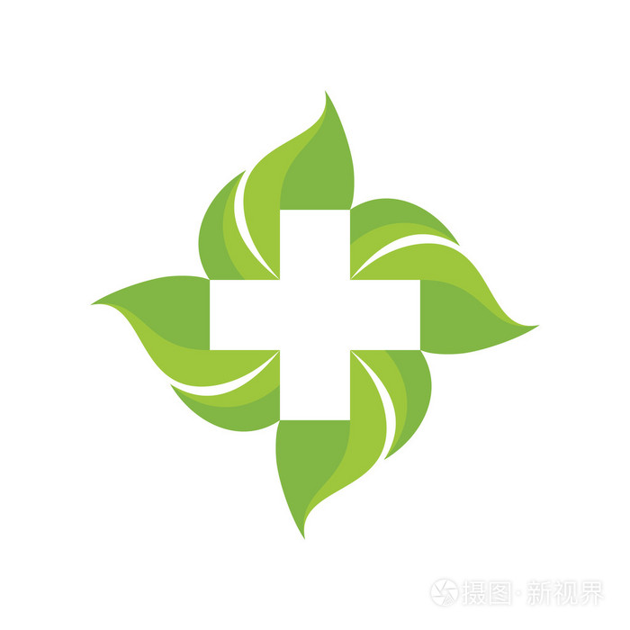 医学十字和绿叶矢量标志概念插图