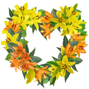 花黄色，橙色百合花和绿色安排叶在一颗心的形状。孤立。插图