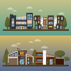 矢量平面插图两个家庭房屋和甜蜜的家庭班恩。