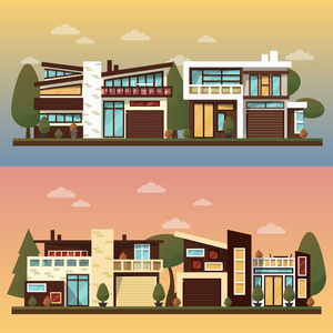 矢量平面插图两个家庭房屋和甜蜜的家庭班恩。