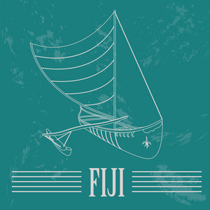 斐济。斐济人划独木舟。复古风格的图像