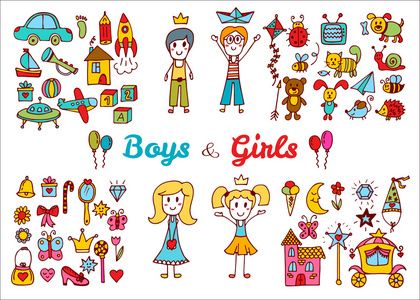 手绘男孩和女孩玩具套装。 涂鸦儿童绘画。