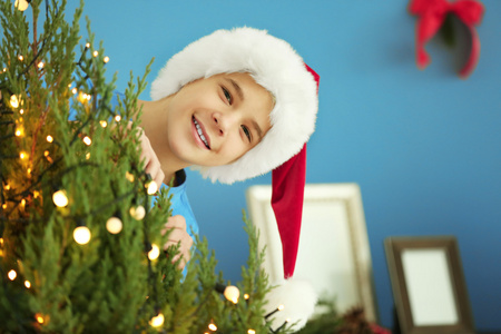开朗的男孩，与圣诞树