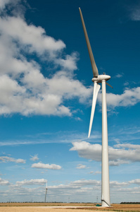 蓝蓝的天空背景上的风力发电机组