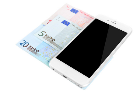 与欧元纸币，孤立在白色的智能手机。互联网赚钱概念