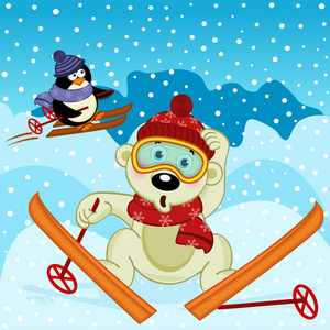 北极熊和企鹅滑雪矢量图，eps