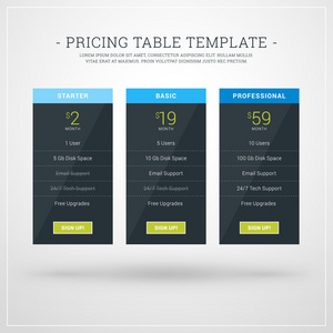 网站及应用程式定价表的矢量设计模板