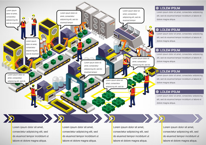 信息图形工厂设备概念等距的 3d 图形中的插图