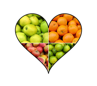 健康有机水果在心桔子 苹果 橙上白色孤立形状的拼贴画