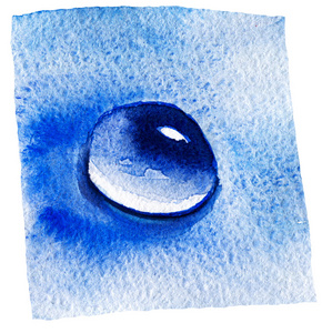 水特写一滴。蓝色的颜色。水彩绘画