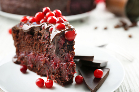 一块巧克力蛋糕与小红莓上板，特写