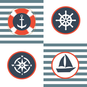 航海图标集。锚 救生圈 船舵轮