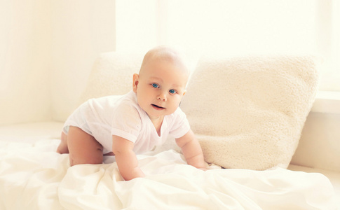 可爱的小宝宝爬网在家里在窗边的白色房间