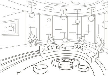 素描内部的一个圆的客厅与登上领奖台照片