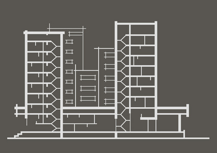 线性的多层建筑的建筑小品。在灰色的背景上的剖面图