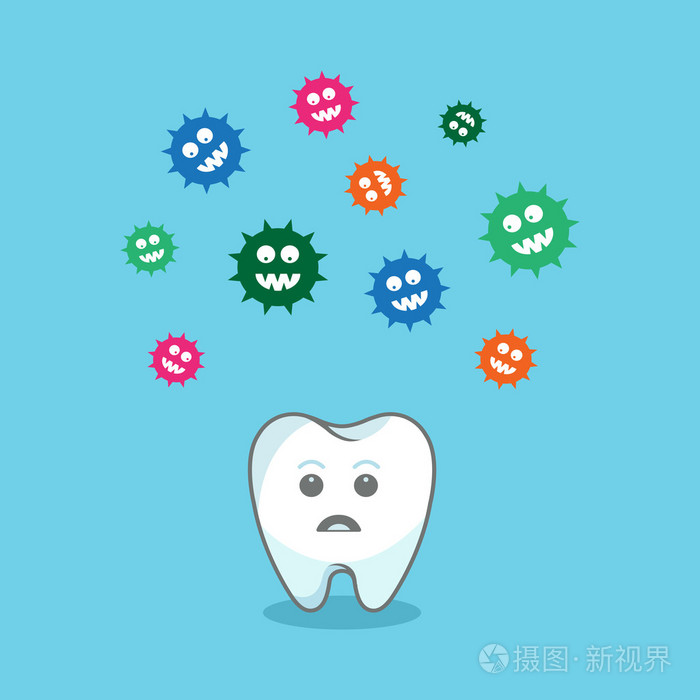 牙齿和多彩的细菌攻击它.矢量图