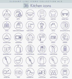 矢量厨房大纲图标集。优雅的细线风格设计