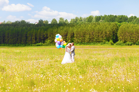 美丽的新娘和新郎在一个草甸与五颜六色的气球