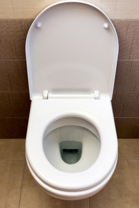 浴室里的白色马桶座圈照片