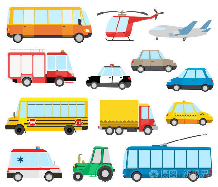 卡通交通工具一套.校车, 直升机, 手推车, 飞机