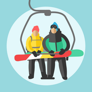 坐在滑雪缆车和电梯电梯的滑雪者。冬季体育度假村背景
