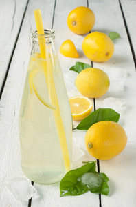 瓶用柠檬 冰和树叶的柠檬水