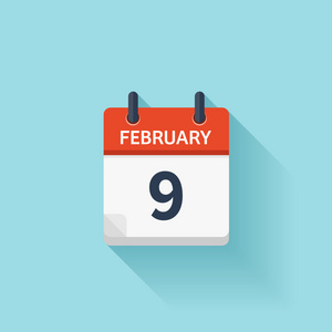 二月9.矢量平面日日历图标。 日期和时间