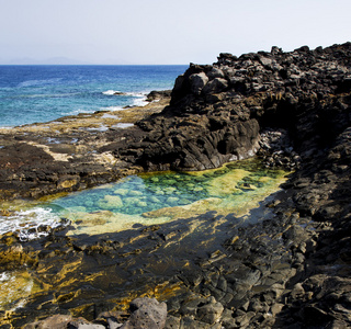 海岸线在兰萨罗特西班牙池塘岩石岩石麝香和夏天