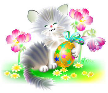 拿着一个复活节鸡蛋的小小猫的插图