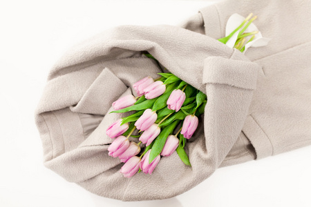 羊毛大衣粉色郁金香花束盖