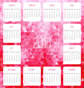2016 年每月的日历