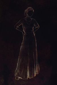 草绘的神秘女人美丽观赏穿着中年设计，黑色背景的鼓舞