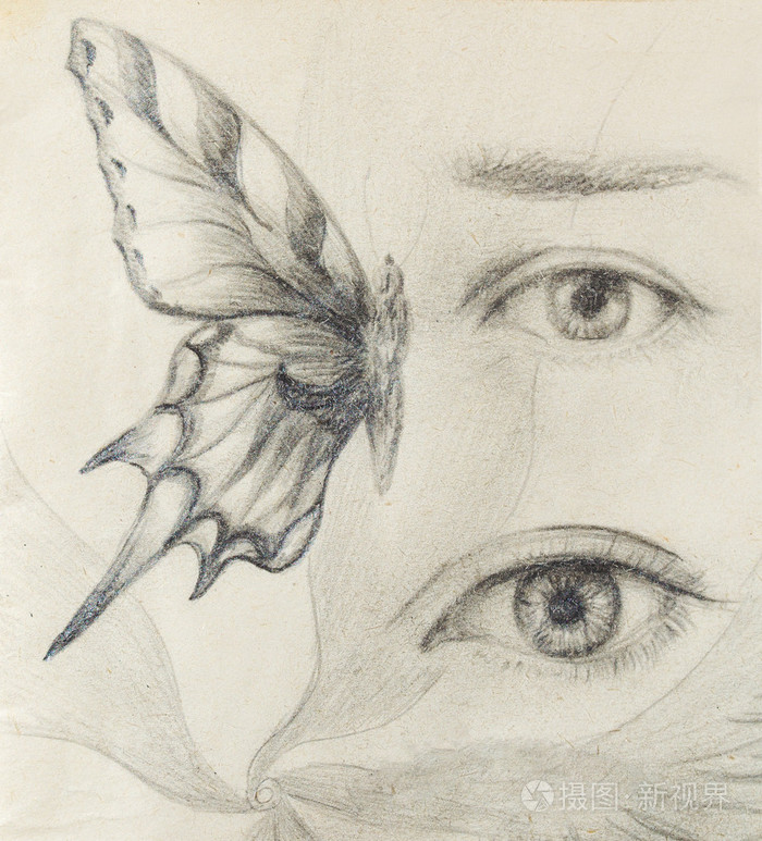 女人的眼睛和蝴蝶在老式纸上画画