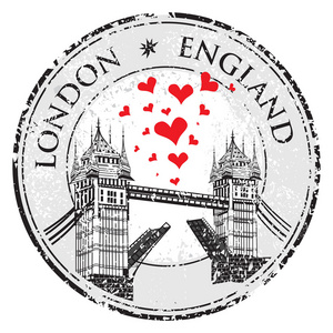 伦敦塔桥 grunge 邮票与心，矢量插画，伦敦矢量手绘插画